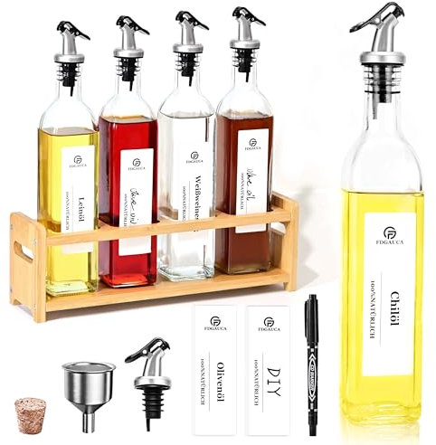 SIAZIH Lot de 4 Bouteilles d'Huile et de Vinaigre (4 x 500 ml) Avec Étagères en Bambou Pur Naturel, Carafe en Verre Transparent, Distributeur Avec Étiquettes Noires