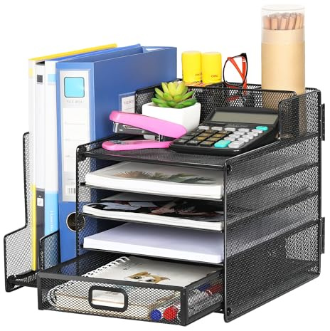 TQVAI Organizer da scrivania a 5 ripiani con organizer verticale per raccoglitore, organizer per lettere, portapenne, nero