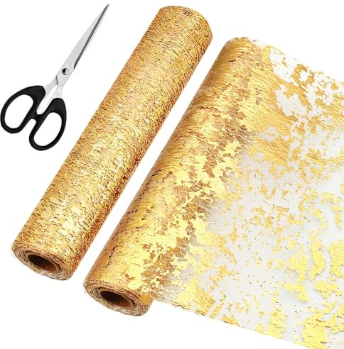Gemtte Gold Tischläufer - 2 Stück Dekostoff, 28CM×10M Glänzend Tischband mit Beschichtung, Gold Tischband Dekostoff für Halloween, Hochzeit, Weihnachten, Geburtstag, Festival