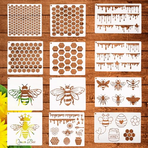 12 stencil a nido d'ape, riutilizzabili, per festival delle api, mobili, artigianato fai da te, tela, tessuto, plastica, disegno esagonale, stencil in legno