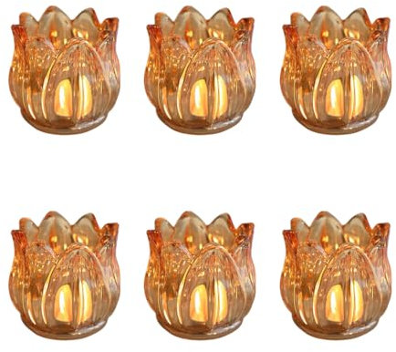 Glas-Teelichthalter, Votivkerzenhalter, 6 Stück, Kristall-Teelichthalter für Hochzeit, Geburtstag, Party, Tischdekoration für Zuhause, Tischdekoration (Bernstein,Tulpenform)