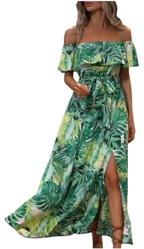 Bohemian Beach Dress for Women UK Elegant Off Shoulder Summer Boho Maxi Dresses Ruffle Vintage Floral Bandeau Sundress Holiday Flowy Loose Swing Long Dresses for Evening Night Out Green