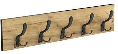HWS FURNITURE Garderobenleisten, Kleiderhaken Wand– 65 cm – mit soliden 5 Haken Wandaufhänger, Garderobenhaken, Wandgarderobe für Flur, Ankleidezimmer, Schlafzimmer und Badezimmer (Schwarz/Eiche)