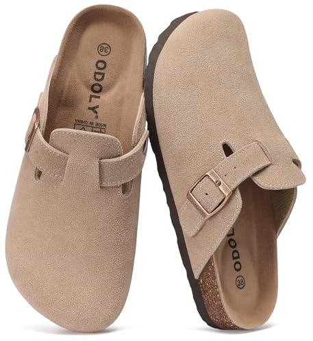 ODOLY Genuine Suede Clogs for Women Men Soft Cork Footbed Leather Mules Comfort Potato Shoes with Arch Support, Taupe-41