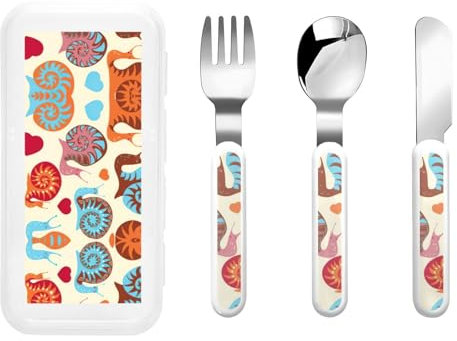 Reusable Cute Snail Print Fork, Spoon Knife with Storage Case,Dishwasher Safe for School Lunch,Travel