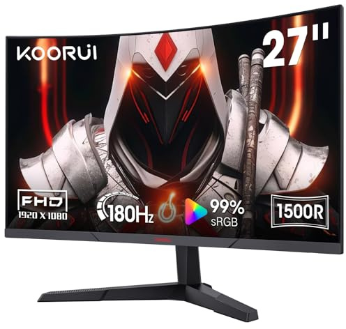KOORUI 27 180Hz Curved Gaming Monitor, FHD 1080P, 1500R VA Display, 99% sRGB, Adaptive Sync FreeSync, 1ms, Eye Care, 2X HDMI 2.0, DisplayPort, Mount