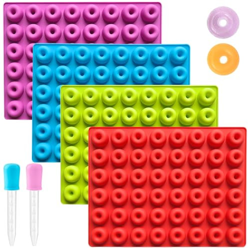 YXHZVON Mini Donuts Bonbon Formen Silikon, 4 Stück Gummibärchen Form mit 2 Tropfen, Silikonform Pralinenform für Schokoladenformen, Gelee, Gummibärchen-Seifenformen
