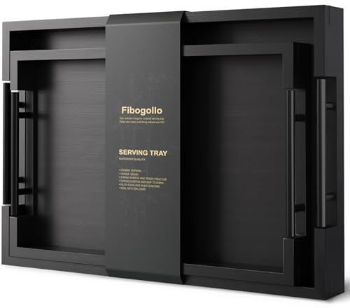 Fibogollo Set of 2 Bamboo Serving Trays with Metal Handles(Black)