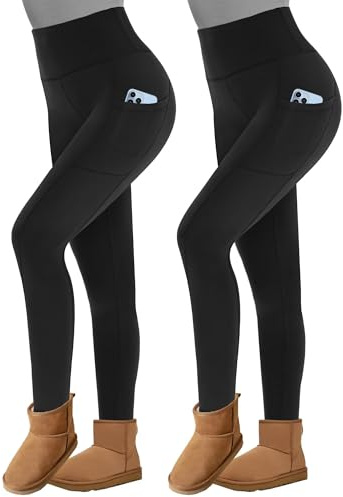 TNNZEET 2 Pack Thermal Leggings with Pockets Women Fleece Lined Pants High Waisted Fur Tights for Hiking Yoga in Winter(Black,L-XL)