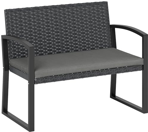 Outsunny Banc de Jardin 2 Places, Banc d'extérieur en résine tressée PE avec Coussin, Banquette de Patio avec accoudoirs, Structure en Acier galvanisé, Gris et Noir