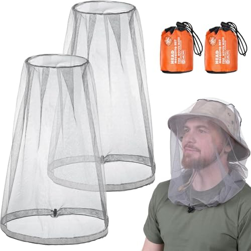 MsTeco 2 Pièces Moustiquaire de Tete Respirant Ajustable Gris | Filet Anti Insecte Moustiquaire Tete avec Sac de Transport pour Amateurs de Plein air Grimpeurs Pêcheurs Apiculteurs