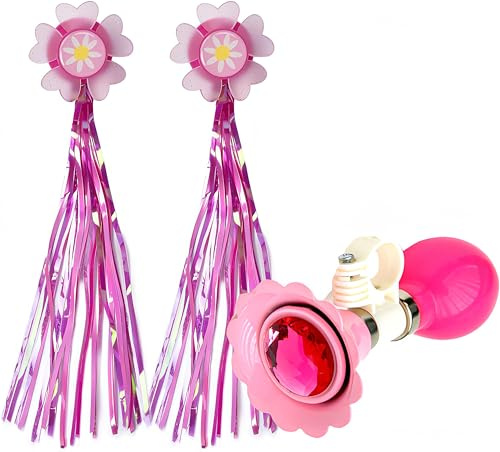 Kids Bicycle Horn and Handlebar Streamers Set - 1 Bike Horn + 2 Pink Handle Streamers Kit for Children Bike Accessories