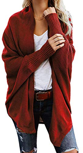 Onsoyours Mujer Invierno Cardigan Jersey de Punto Suelto Color Sólido Chaqueta Suelta Chaqueta De Punto Frente Abierto Suéter de Manga Larga Rojo 38