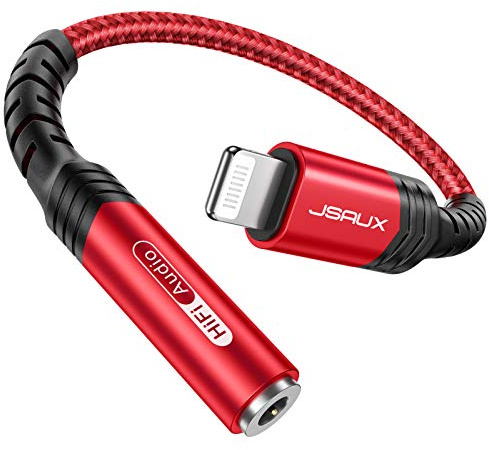 JSAUX Headphone Adapter for iPhone Lightning to 3.5mm Adapter [Apple MFi Certified] Compatible with iPhone 14 Pro Max/14 Plus/13 12 11 Pro Max/SE/XS-Red