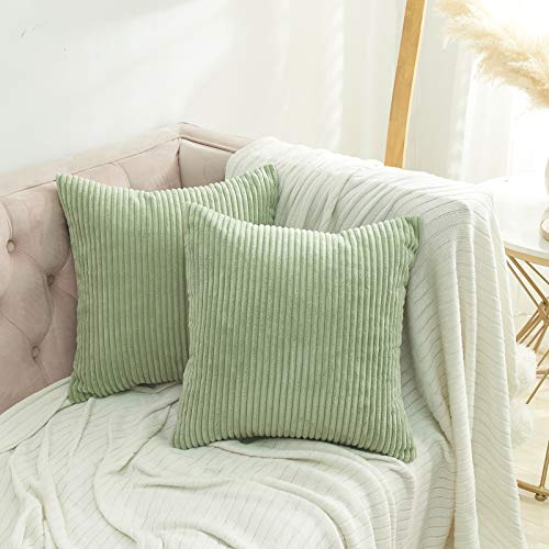 Volcanics Corduroy Cushion Covers Pack of 2 Decorative Square Throw Pillow Covers Cushion Soft Pillowcase 45 x 45cm(18 x 18 Inches) for Home decor Sofa Couch Bedroom, Light Green