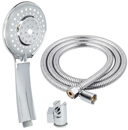 Fontastock FSKFAB011 set de ducha con alcachofa con 5 posiciones, soporte y manguera flexible de acero inoxidable de 1.7m a 2m. con rosca 1/2, y tuercas de sujeción cónica y hexagonal