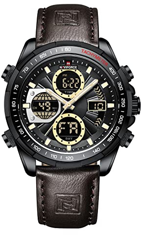 NAVIFORCE Reloj digital de lujo para hombre, de piel, analógico, impermeable, de moda, cronógrafo, militar, multifuncional, Negro , correa