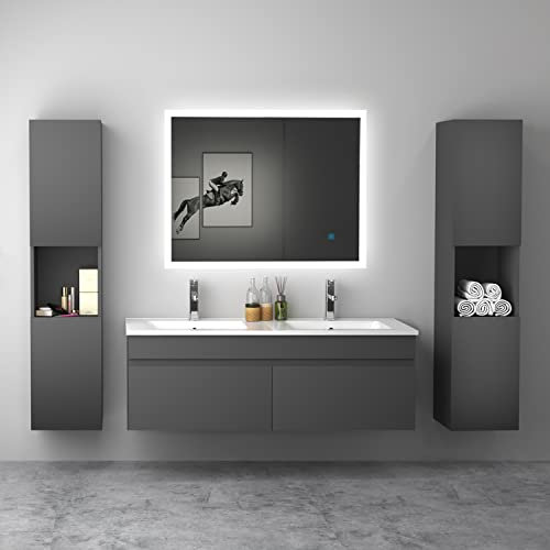 AICA sanitaire Ensemble de Meuble de Salle de Bain Anthracite 120cm+Vasque+Miroir+Colonne Meuble Salle de Bain-Armoire de Rangement-Meubles-lavabos