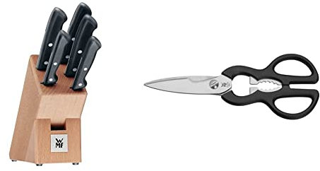 WMF Classic Line Messerblock mit Messerset 6-teilig & Küchenschere 21 cm, Haushaltsschere mit Sägeschliff, Schere Küche, Edelstahl, Kunststoffgriff, Universalschere mit Flaschenöffner