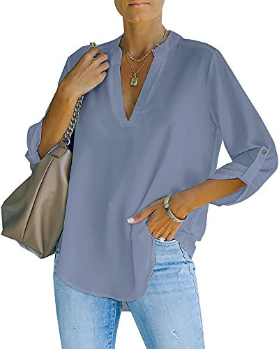 NONSAR Damen Bluse Elegant V-Ausschnitt Henley Hemdbluse Aufrollbaren Ärmeln Locker Blusen(9351XL,Grau)
