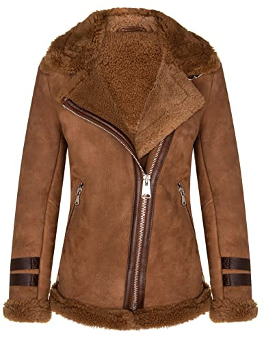 Infinity Leather Veste en Cuir D'Aviateur en Peau de Mouton Marron Pour Femme Motard Merino Shearling