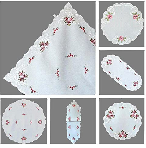 Tischdecke Mitteldecke Tischläufer Deckchen rund oval Elegante Rosenromantik mit Glanzstickerei weiß rosa (30 x 70 cm)