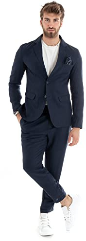 Outfit Uomo Abito Completo Lino Giacca Monopetto Pantalone Classico Tinta Unita Taschino a Pochette (44, Blu)
