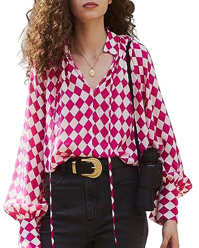 Silk Blouse for Women 100% Pure Mulberry Real Silk Elegant Shirts Womens Long Sleeve Luxurious Button-Down Shirt - V-Neck Cool Smooth Blouses Casual Fit Summer Spring Ladies Tops,Pink White Checked,L