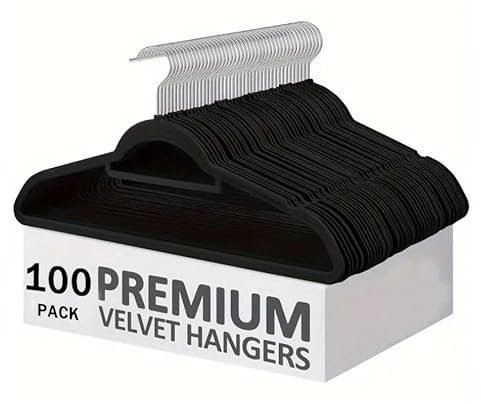Tento Home 100 Stück Kleiderbügel Platzsparend mit Samtbezug - rutschfeste Bügel inkl. Krawattenhalter, 360° drehbar, Schwarz (100)