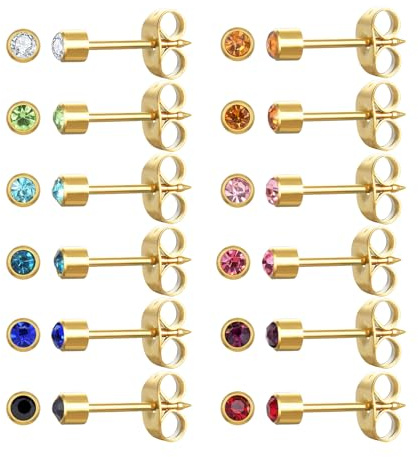JMFENFA 12 Pairs Ear Piercing Stud Earrings Set,Gold Plated Surgical Stainless Steel Multicolor Birthstone Cubic Zirconia Stud Earrings for Ear Piercing Guns (Gold 3mm)