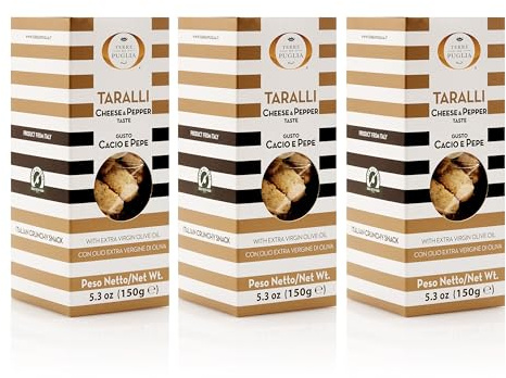 Taralli Cacio e Pepe | 3 Packs of Apulian Taralli | Cheese and Pepper Flavor | 3 Boxes of 150g each