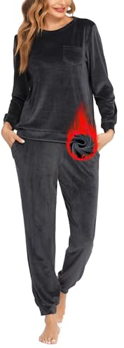 Ekouaer Pigiama da Donna Lungo Girocollo in Velluto Invernale Pigiama Completo da casa Caldo con Tasche Tuta da Jogging in Due Pezzi Grigio L