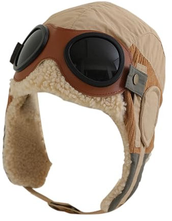 Pilotenmütze und Schutzbrille für Kinder, winddichter Plüsch-Trapperhut für Mädchen, warmer, bequemer Kinder-Fallenhut für Bergsteigen, Hund, Khaki, L