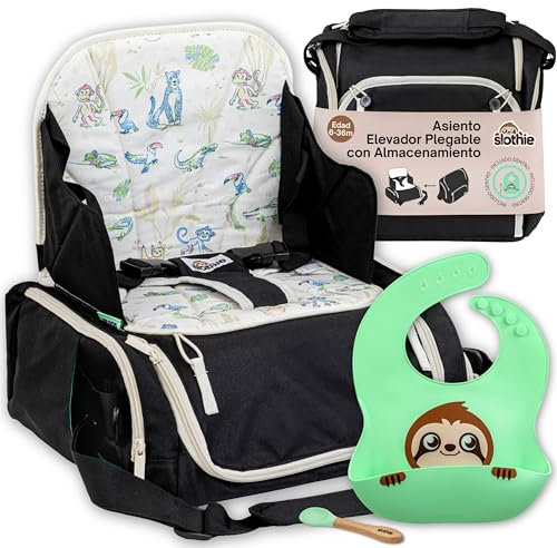 Slothie Trona Portátil para Bebé – Trona de Viaje Portátil para Comer, Asiento Elevador Plegable con Almacenamiento, Incluye Colgador Carrito y Babero de Silicona