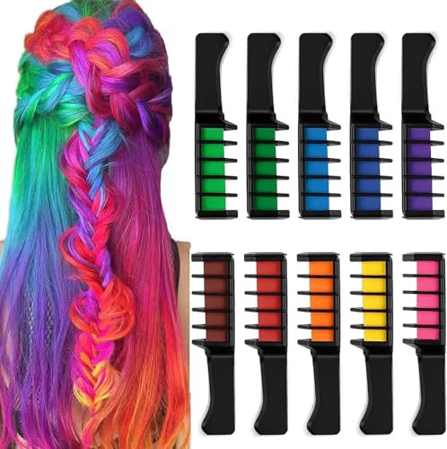 Kalolary 10 Couleurs Peignes Craie Cheveux, Temporaire Bright Crème Lavable Non Toxique Craie de Coloration pour Filles et Adultes Anniversaire Halloween Noël Fête Cosplay