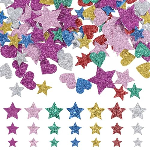 Nogeqi 320 Pcs Glitter Foam Stickers, Self Adhesive Heart Mini Star Stickers for Kid's Arts Crafts Greeting Card Envelopes Home Decoration (Colorful)