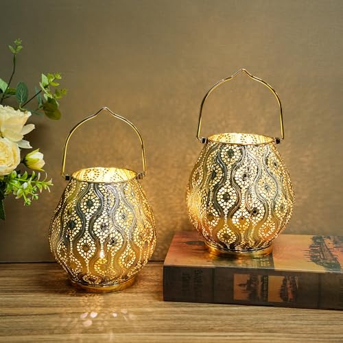 TRIROCKS Set di 2 lampade da tavolo decorative marocchine in metallo, 26 cm di altezza, a batteria, senza fili, con lampadina per casa, soggiorno, giardino, cortile, feste, eventi, tavolo, interni ed