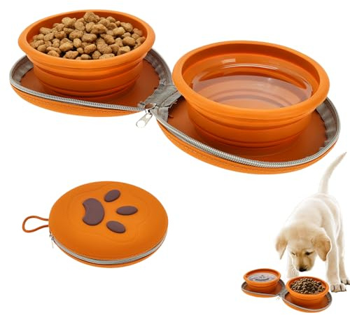 Cuenco plegable para perros, 2 en 1, de silicona, con mosquetón, portátil, doble compartimento para viajes, camping, senderismo, esencial para cachorros (marrón o rosa) (marrón)