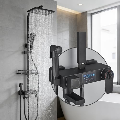 Cesinkin Thermostatique Noir Colonne de Douche avec Mitigeur 38°C Ensemble de Douche avec 4 Fonctions Hauteur Réglable Système de Douche à Tête Carrée avec Douchette à Main pour Salle de Bain