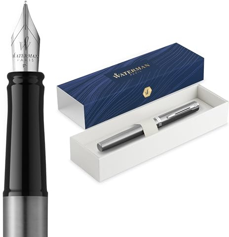 Waterman Impression Penna Stilografica | Pennino Fine con Ricarica di Inchiostro Blu | Acciaio Inossidabile con Rifiniture Placcate in Palladio | Confezione Regalo