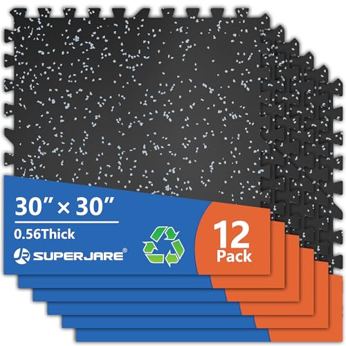 SUPERJARE 30 x 30 Larger Rubber Top Exercise Equipment Mats, 0.56 Thick 12PCS 75 Sq Ft High-Density EVA Foam Interlocking Gym Flooring, Big Workout Mat for Home Gym, Floor Protection, Black/Grey