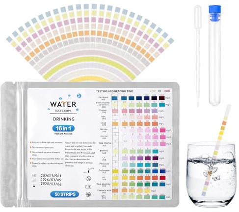 50 Bandelettes de Test d'Eau Potable 16-en-1, Kit Test Aquarium Eau Douce et Eau Salée, Paramètres pour Eau du Robinet, Test Nitrite Nitrate pH GH KH Chlore Cuivre Fer avec Tube et Thermomètre
