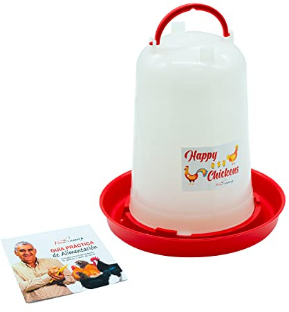 FINCA CASAREJO Bebedero para Gallinas - Bebedero sifónico Happy Chickens 5 litros - Plástico Resistente para conservar el Agua en Buen Estado - Incluye Guía Práctica de Alimentación de Las Aves