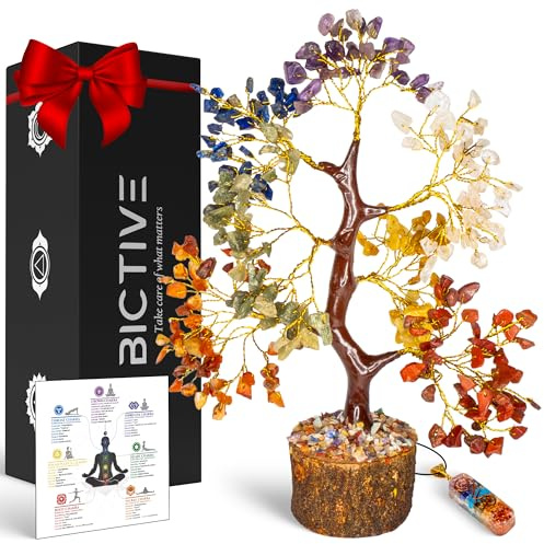 BICTIVE Árbol de la Vida Piedras Naturales y Colgante. Árbol de Curación de 7 Chakras, Piedras Litoterapia, Decoración de Meditación Espiritual. Feng Shui Deco Casa Moderna 300 piedras preciosas 25 cm