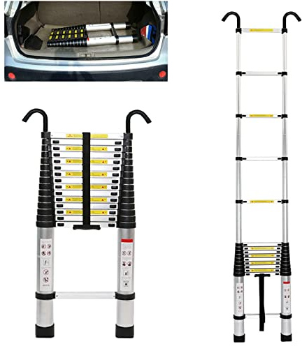TYXTYX Scala Telescopica con 2 Ganci Rimovibili, 5M 16.5FT Scala Multiuso di Prolunga in Alluminio Scala Allungabile Scala Portatile Loft Scala Dritta EN131, capacità Massima 150KG/330LB