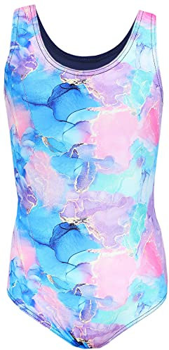 Aquarti Badeanzug Mädchen – Sportlicher Mädchen Badeanzug mit Ringerrücken Print, Farbe: Tie Dye/Dunkelblau/Blau/Lila/Rosa, Größe: 158