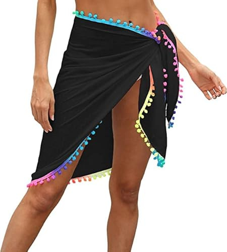 VURGER Women Beach Sarong Cover Up Beachwear Skirts Summer Holidays Wrap Dress Swimsuit Cover Ups with Tassel (UK, Alpha, One Size, Regular, Regular, Standard, Black)