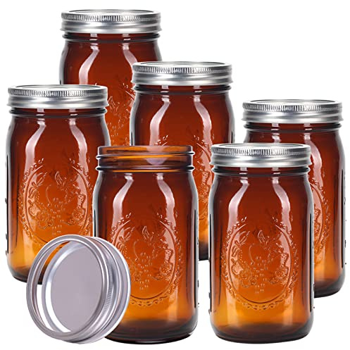 eleganttime Amber Glass Mason Jars 32 oz Wide Mouth 6 Pack,Amber Quart Canning Jars with Airtight Lids and Bands for for Canning, Freezing, Fermenting,Preserving, Beverages & Jar Decor