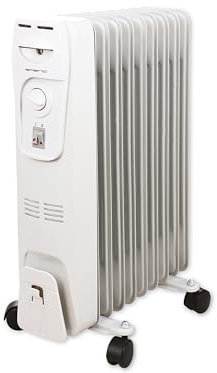 Emerio Radiador de Aceite 9 Elementos, 3 Niveles de Potencia, Regulador Temperatura, Termostato para Bajo Consumo, Portátil Ruedas, Protección Sobrecalentamiento, Recogecables, Blanco, 2000W