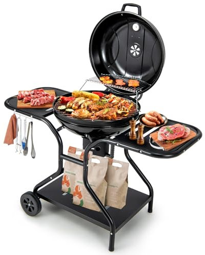 COSTWAY φ57cm Holzkohlegrill mit Deckel, Grillwagen mit großem Aschefänger, BBQ-Rostheber, Seitenablagen, Haken, Rädern, Holzkohle Grill für Camping, Terrasse, Garten